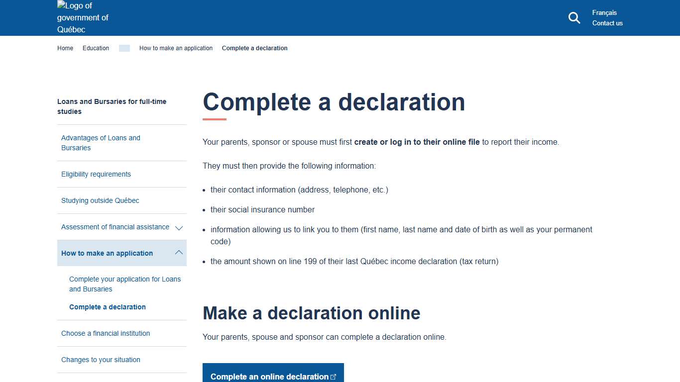 Declaration of Parents, Spouse or Sponsor Gouvernement du Québec