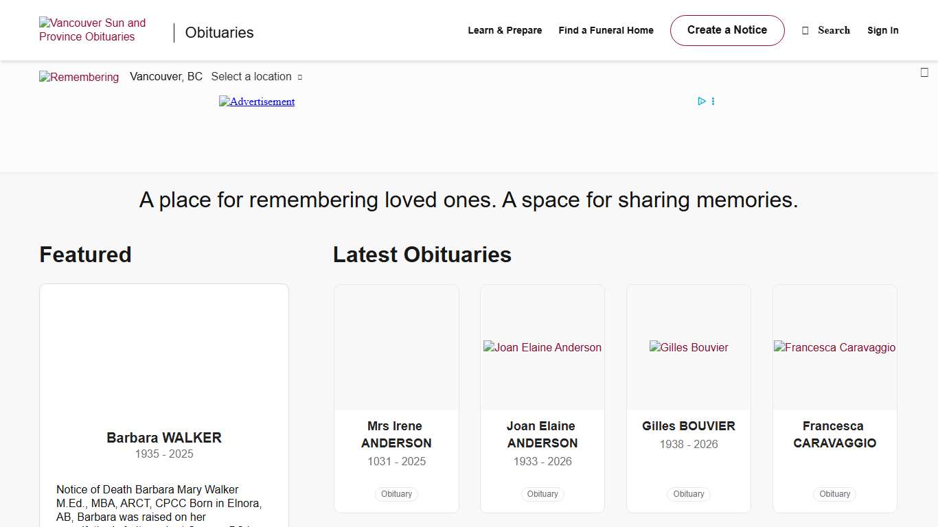 Obituaries Vancouver Sun and Province